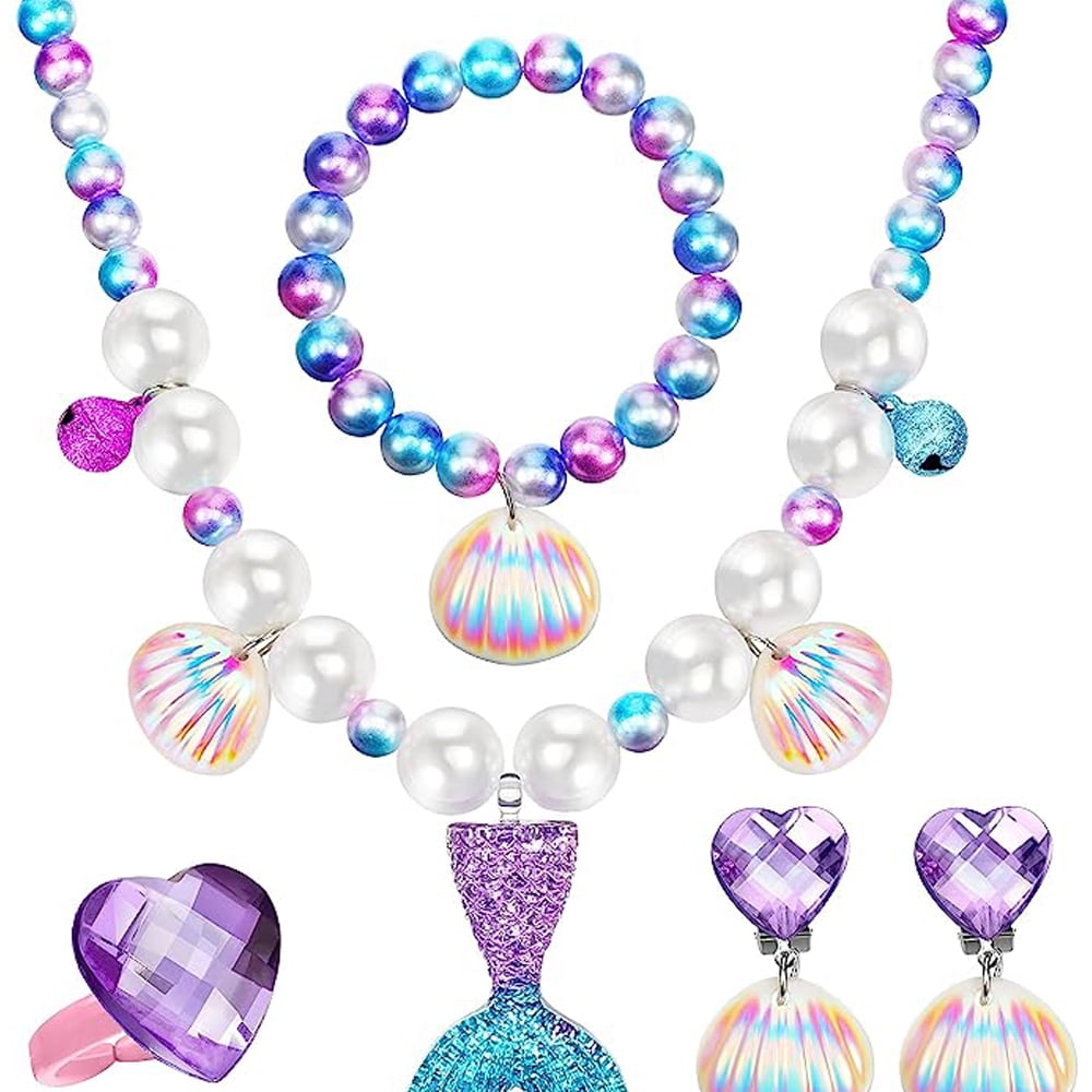 Mermaid Necklace Bracelet Set Mermaid Jewelry Kit Included Shell Necklace Bracelet Ring Earrings Organza Bags for Mermaid Party Costume Jewelry Supplies-Purple