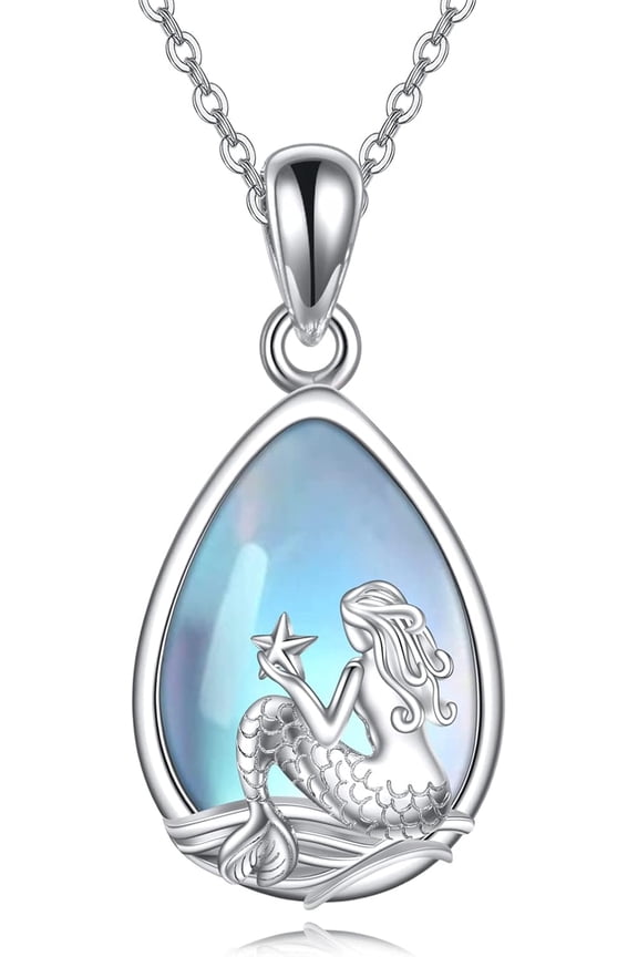 Mermaid Necklace Sterling Silver Moonstone Mermaid Tail Pendant Necklace Moonstone Ocean Jewelry for Women Female
