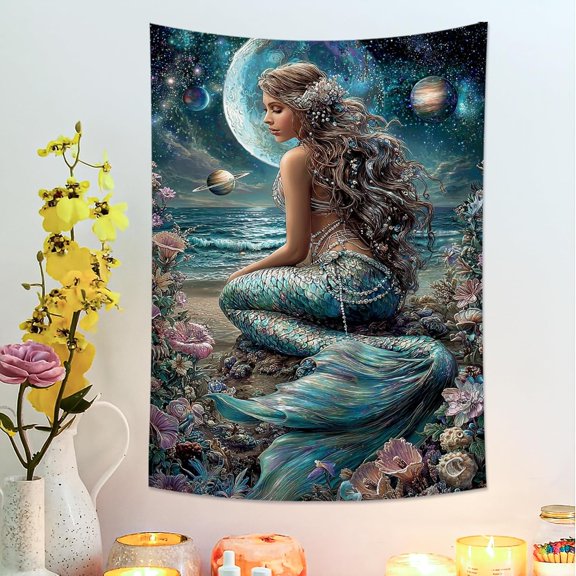 Mermaid Ocean Blue Tapestry, Celestial Fantasy Wall Hanging, Ethereal Tapestries Aesthetic for Bedroom, Living Room, Dorm 30x40 Inch