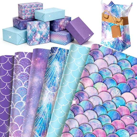 Mermaid Ocean Dream Themed Gift Wrapping Paper Set - Rainbow Scale and Starry Sky Elements - Suitable for Party Gift Wrapping