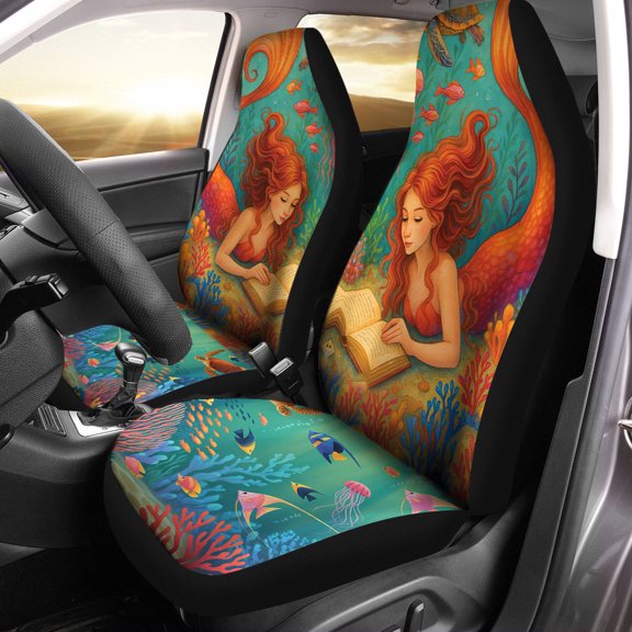 Mermaid Ocean Fantasy Car Seat Covers – Reading Siren Underwater Art Design Auto Decor, Colorful Coral & Sea Life Pattern Auto Seat Protectors
