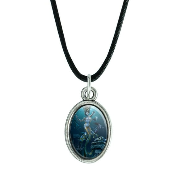 Mermaid Ocean Hunt Antiqued Oval Charm Pendant with Black Satin Cord