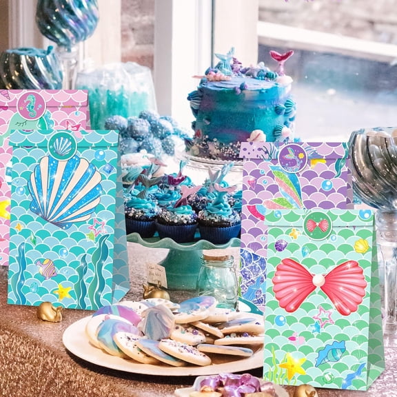 Mermaid Ocean Party Gift Bag 12pcs - Blue, Pink & Purple Gradient Fishtail/Shell Reversible Design Dream Undersea Themed Gift Bag Set