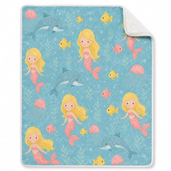 Mermaid Ocean Sherpa Blanket, Polyester Fleece Throw