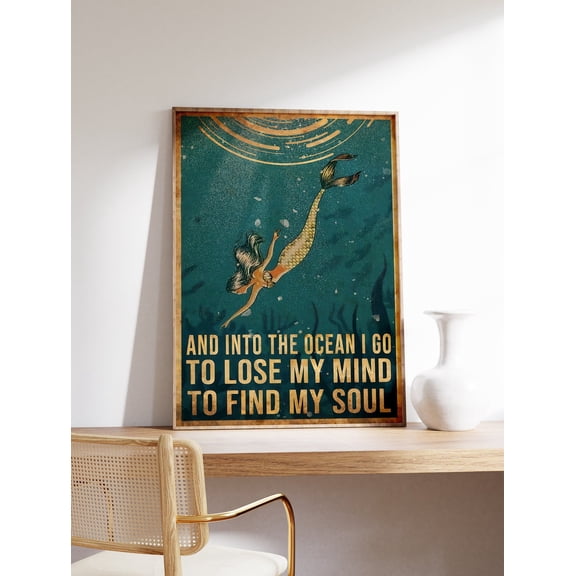 Mermaid Ocean Soul Art Vintage Style Wall Decor Nautical Sea Art, Unframed Poster