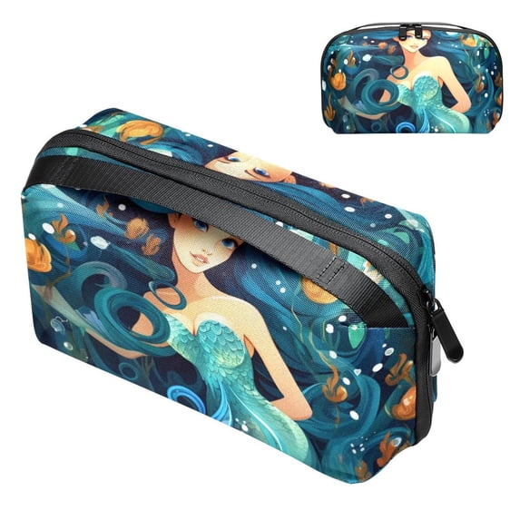 Mermaid Oxford Fabric Waterproof Portable Hard Drive Bag and Case with Cord Storage and Travel Charger Organizer for Electronic Devices - 5.9x9.44x3.14 in
