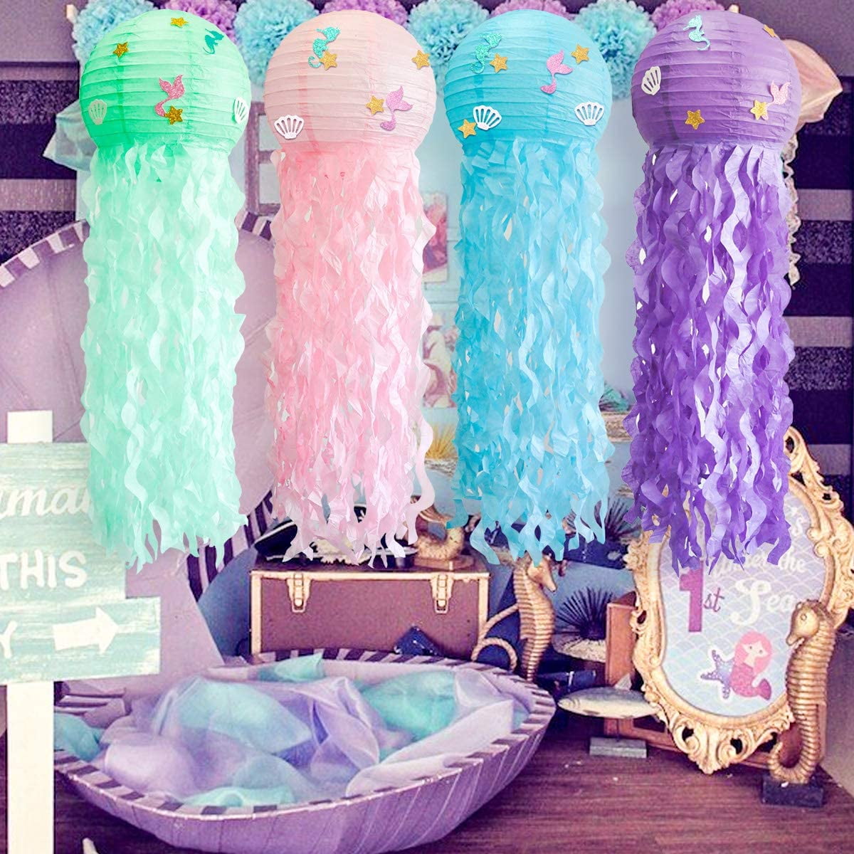 MODANU 4 Pack Glitter Iridescent Jellyfish Under the Sea Mermaid Party  Decorations Hanging Jelly Fish Decor Ocean Theme Birthday Wedding Baby  Shower Party Supplies 
