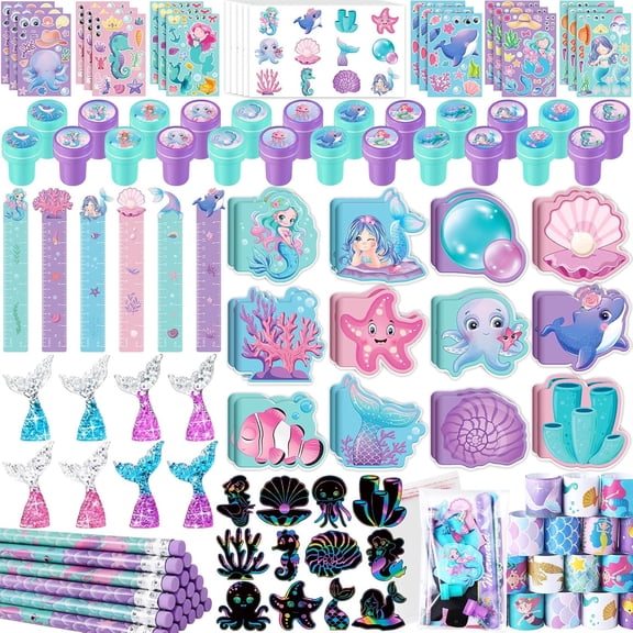 Mermaid Party Favor Set, 120 Piece Bulk School Stationery Kit With Pencils And Stickers For Kids, Sea Theme Birthday Baby Shower Candy Goodie Bag Stuffers, Blue