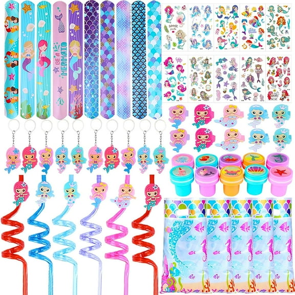 Mermaid Party Favors, 70Pcs Mermaid Birthday Party Supplies with Mermaid Straws Keychains Stampers Slap Bracelets Rings Tattoos for Girl, Mermaid Gift Bags for Mermaid Theme Birthday Party