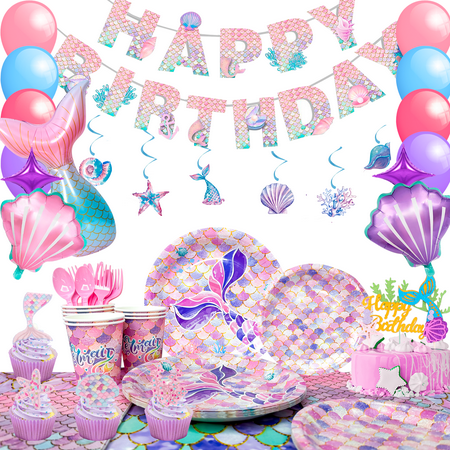 Mermaid Party Supplies,132 Pcs Mermaid Birthday Party Supplies Kit - Mermaid Birthday Plates Cups Napkins Tablecloth & Mermaid Banner Balloons Hanging Swirl