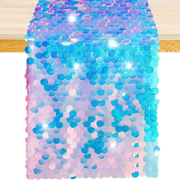 Mermaid Party Table Runner 12 x 84 Inches Mermaid Tail Scales Table Runner Glitter Holographic Sequin Table Cover for Ocean Under The Sea Party Decorations Mermaid Party Supplies