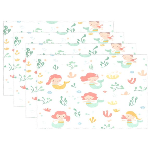 Mermaid Pattern Design 4-Piece 12x18in Heat-Proof Place Mats Set, Non-Slip for Family Dining