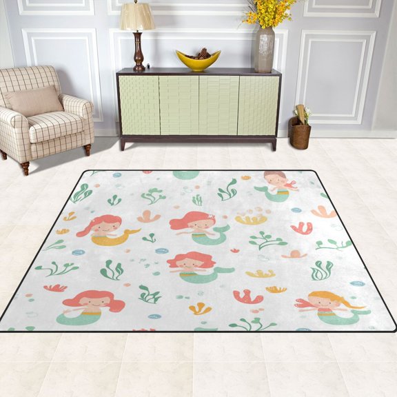 Mermaid Pattern Design 63''x48'' Plush Memory Foam Bath Mat, Soft, Absorbent, Non Slip, Durable