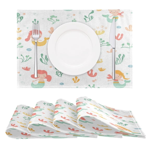 Mermaid Pattern Design Reversible Placemat Set of 4 Non Slip Coffee Mats 18x12 Inch for Dining, Kitchen, Coffee