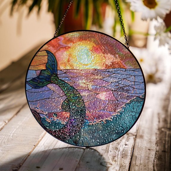 Mermaid Pattern Suncatcher Glass, Mermaid Window Art, Ocean Wall Decor, 6.3 in
