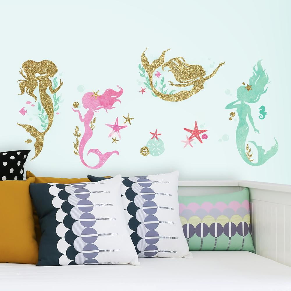 Glittery Mermaid Peel and Stick Wall Decals for Kids