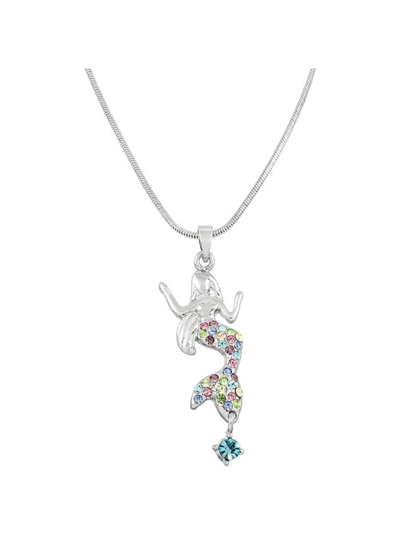 Mermaid Pendant Necklace Multicolor Rhinestone Crystal Rhodium Plated 17 Inch Snake Chain J0151-MT
