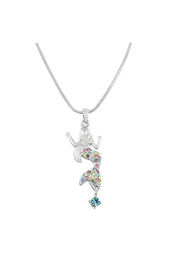 Mermaid Pendant Necklace Multicolor Rhinestone Crystal Rhodium Plated 17 Inch Snake Chain J0151-MT