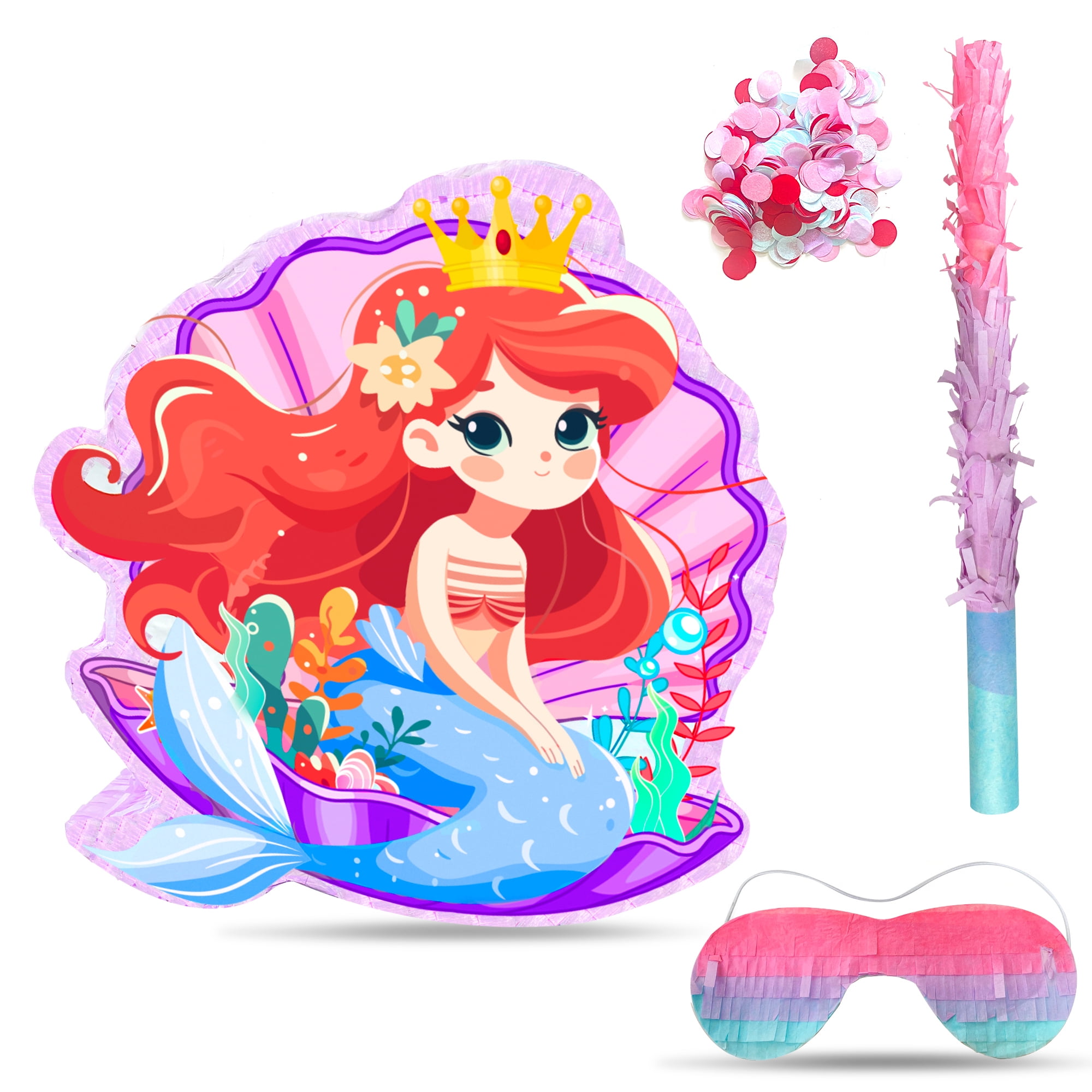 Mermaid Pinatas for Birthday Party Girl, 4-in-1 Mermaid Party Pinata with Stick Confetti and Blindfold for Mermaid Birthday Decorations, Sea Mermaid Theme Birthday Party Carnival Activity