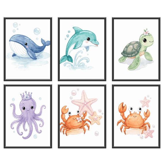 Mermaid Poster Ocean themed Watercolor Prints Wall Art Decor Canvas Art nautical HD Print Painting Room Aesthetics Decor 8X10 inch Set of 6 Unframed