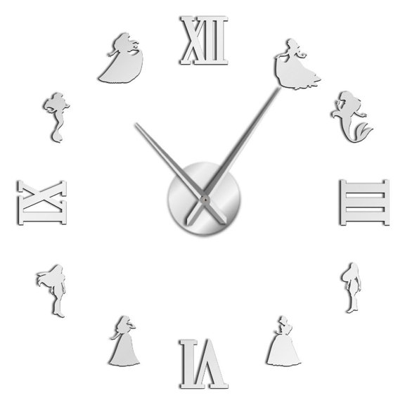 Mermaid & Princess DIY Large Wall Clock Fairytale Style Wall Clock 3D Mirror Effect Girls Room Creative Wall Sticker Wall Watch(Silver,27inch)