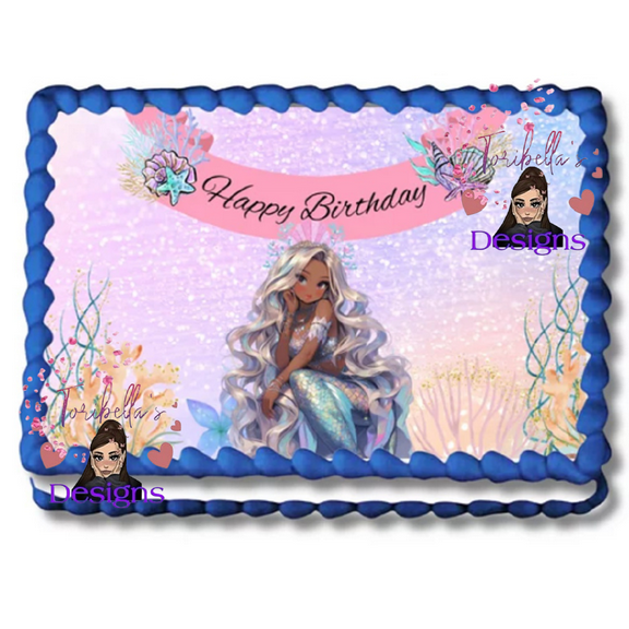 Mermaid Princess Edible Image Happy Birthday Cake Topper For 1/4 to 1/2 sheet Cake 10" by 8" rectangle Edible Sticker You Add To Your Own Cake