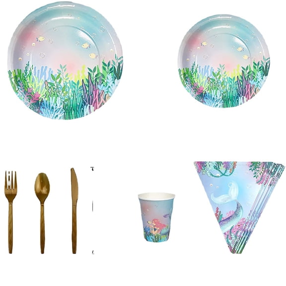 Mermaid Princess Party Supplies Set, 9" and 7" Disposable Paper Plates with Champagne , Iridescent Tableware for Girls Birthday, Baby Shower & Outdoor Picnics, Biodegradable, 24 Guest Count