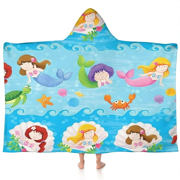 Mermaid Princess Sea Pattern Hooded Bath Towel,60"x35" for Ages 3 To 12 Kids, Quick Dry Lightweight Soft Microfiber Hood Beach Towel Cover Up for Kids