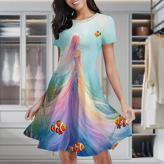 Mermaid Princess Under The Sea Women's Classic Swing Skater Dress Casual Work Party Cocktail Dresses