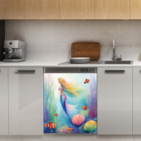 Mermaid Princess Under the Sea 1 Dishwasher Magnet Cover Decorative Sticker for Home Cabinet Kitchen 23" x26"