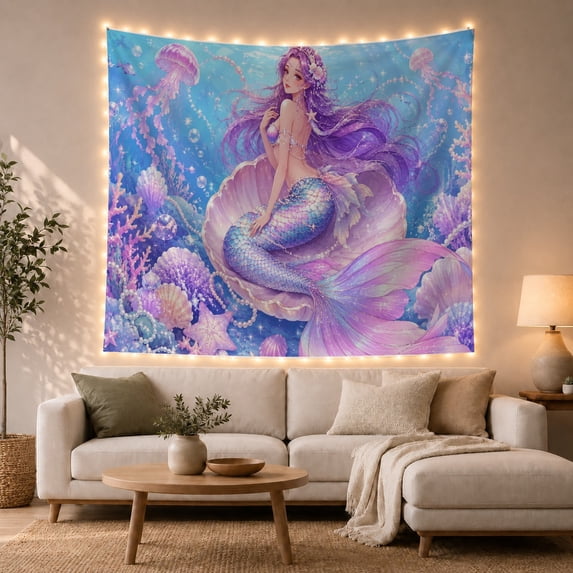 Mermaid in a Purple Clam Shell with Jellyfish, Whimsical Fantasy Style for Mermaid Lovers, Ocean Wall Decor, Birthday Gift, Tapestry Wall Hanging for Bedroom and Dorm