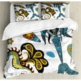 thumbnail image 1 of Mermaid Queen Size Duvet Cover Set, Artistic Oceanic Figures Sea Horse and Calmar Pattern Drawing Effect, Decorative 3 Piece Bedding Set with 2 Pillow Shams, Pale Blue Yellow Orange, by Ambesonne, 1 of 3