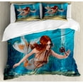 thumbnail image 1 of Mermaid Queen Size Duvet Cover Set, Lifelike Mermaid Holding a Sea Lily Magic Aquatic World Theme, Decorative 3 Piece Bedding Set with 2 Pillow Shams, Pale Blue Burnt Sienna Yellow, by Ambesonne, 1 of 3