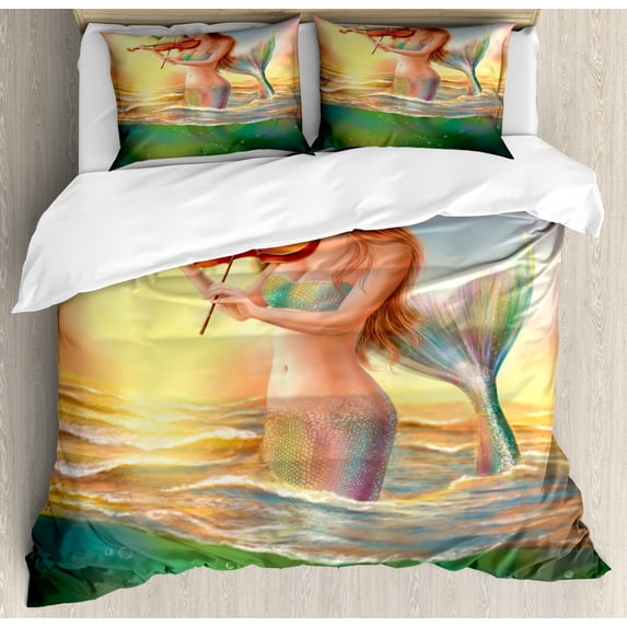 Mermaid Queen Size Duvet Cover Set, Mermaid Playing Violin at Sunset View Colorful Realistic Design Soft Dreamlike, Decorative 3 Piece Bedding Set with 2 Pillow Shams, Multicolor, by Ambesonne