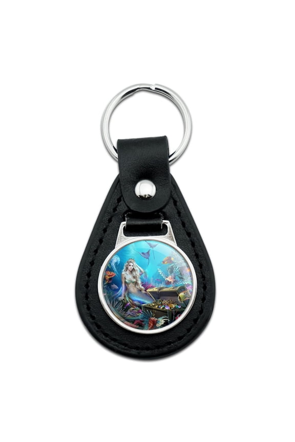 Mermaid Queen Treasure Chest Black Leather Keychain