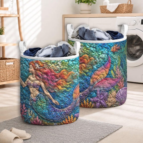 Mermaid Quilted Laundry Basket, Mermaid Laundry Room Decor, Soft Fabric Hamper, Colorful Mermaid Storage Bin