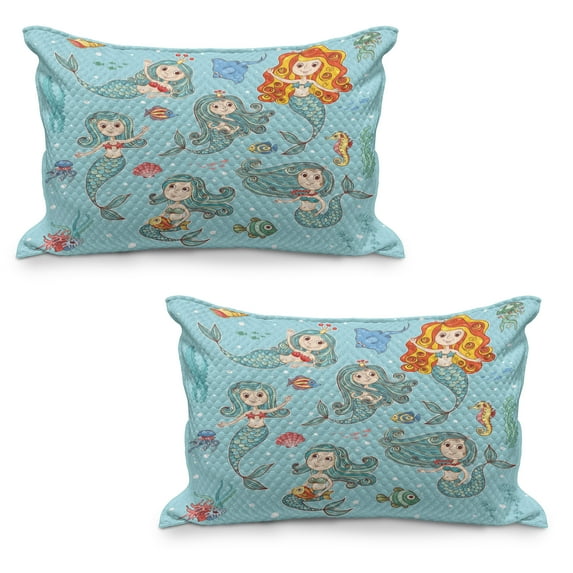 Mermaid Quilted Pillowcover Set of 2, Composition Girls Different Types of Sea Creatures Marine Themed Print, Standard Queen Size Pillow Cover for Bedroom, 30" x 20", Teal Orange, by Ambesonne