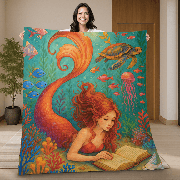 Mermaid Reading Book Quilt Blanket – Colorful Ocean Underwater Blanket for Kids, Girls, and Mermaid Lovers -Fantasy Sea Life Quilt