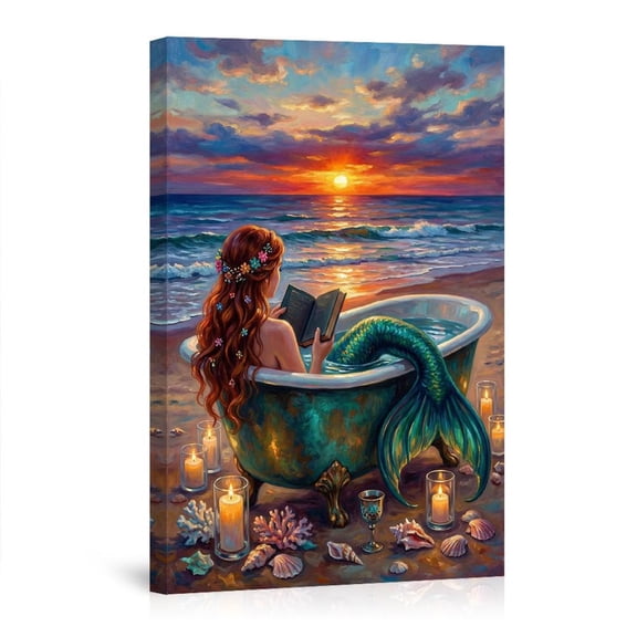Mermaid Reading In A Bathtub On The Beach At Sunset Whimsical Coastal Fantasy For Home Canvas
