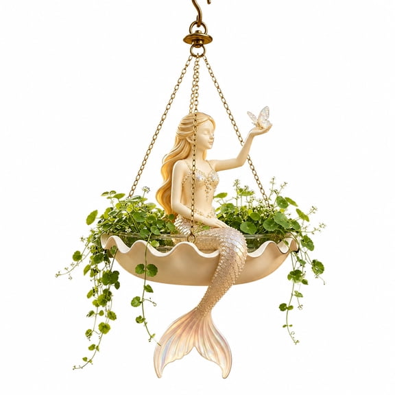 Mermaid Resin Hanging Planter with Chain, Decorative Flower Pot for Porch, Patio & Garden