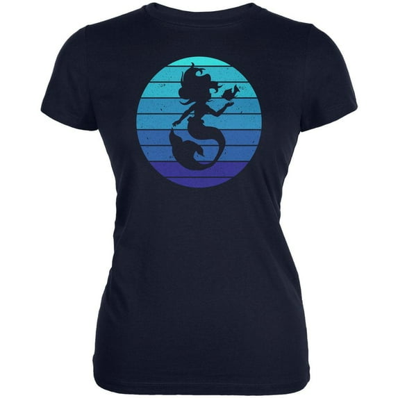 Mermaid Retro Ocean Blues Juniors Soft T Shirt Navy MD