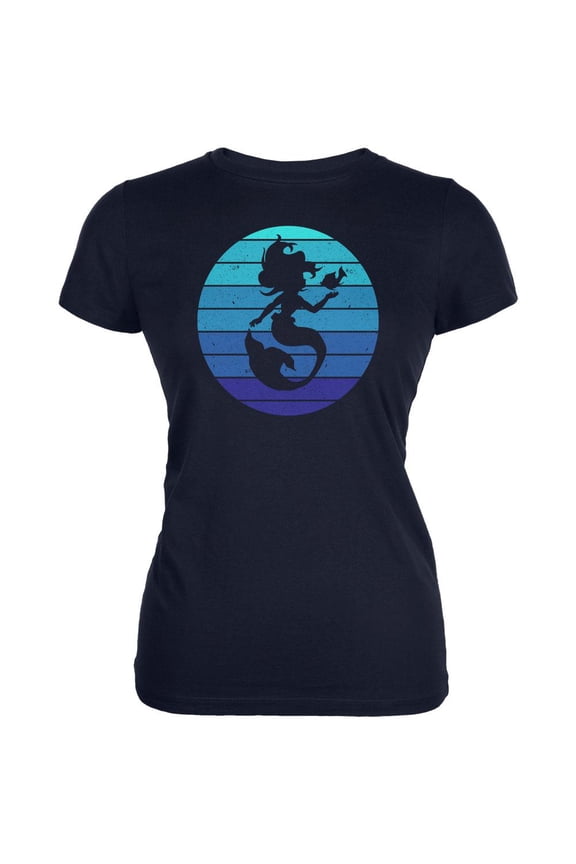 Mermaid Retro Ocean Blues Juniors Soft T Shirt Navy X-LG