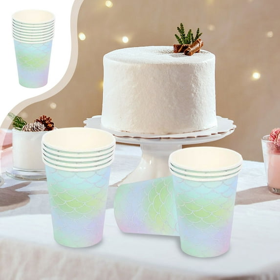 Mermaid Scale Disposable Paper Cups and Napkins , Elegant Party Tableware for Birthday Wedding Holiday Celebration, Polychrome Shimmering Design,Party Supplies(8 pcs Paper Cups)