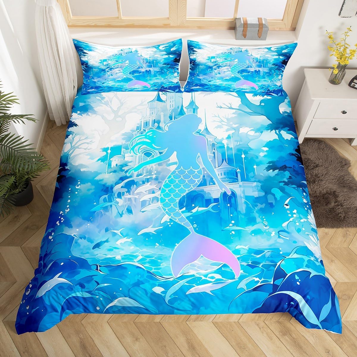 Mermaid Scale Duvet Cover Set 104 X 90 inch,Watercolor Fish Castle Plants Bedding Set,Girls