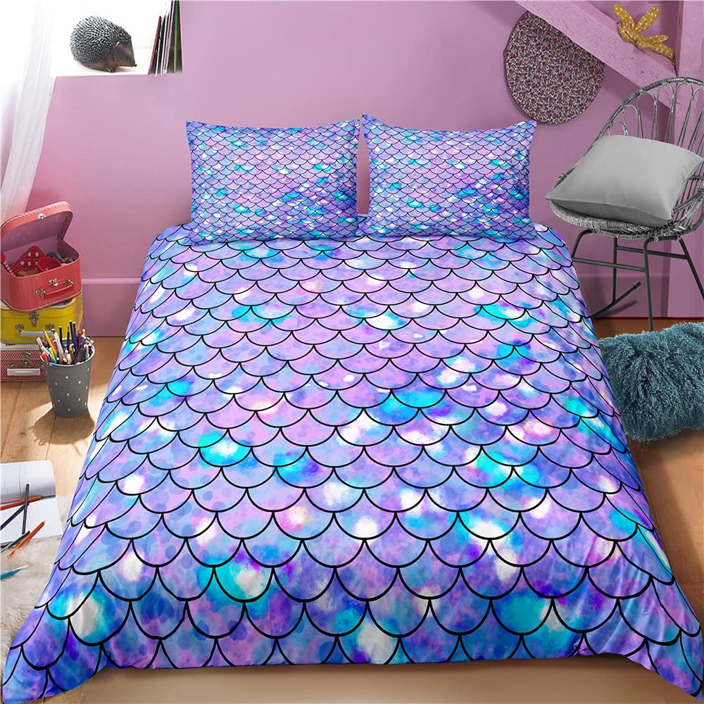 Mermaid Scale Duvet Cover Set King/ Size Fish Scale Bedding Set for Kid Boys Pink Purple Teal