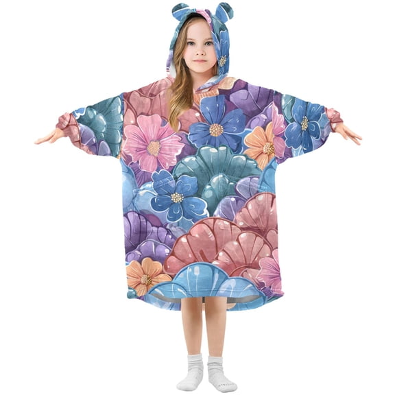 Mermaid Scale Pattern Flowers Flannel Wearable Blankets Hooded Design Long Sleeves Wrap Unisex for 3T-14Y S