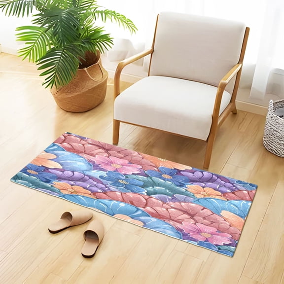 Mermaid Scale Pattern Flowers Plush Carpet Non Slip Runner Rug Absorbent Bath Mat 39" x 20"