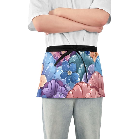 Mermaid Scale Pattern Flowers Short Server Apron with 3 Pockets for Unisex Chef Gardening