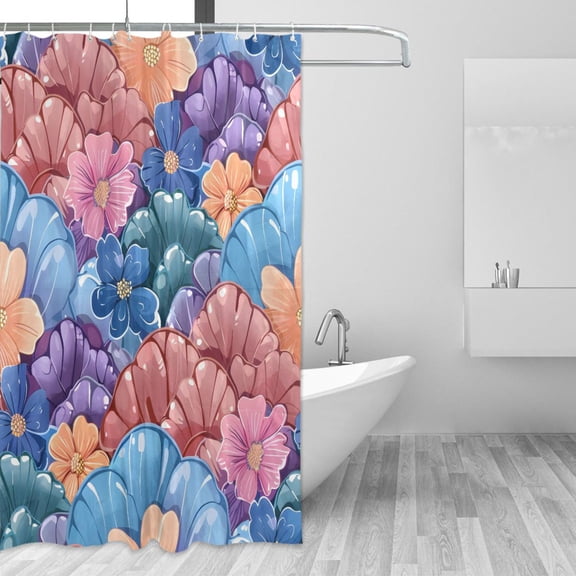 Mermaid Scale Pattern Flowers Shower Curtains with 12 Hooks Waterproof Bathroom Decor 66" x 72"