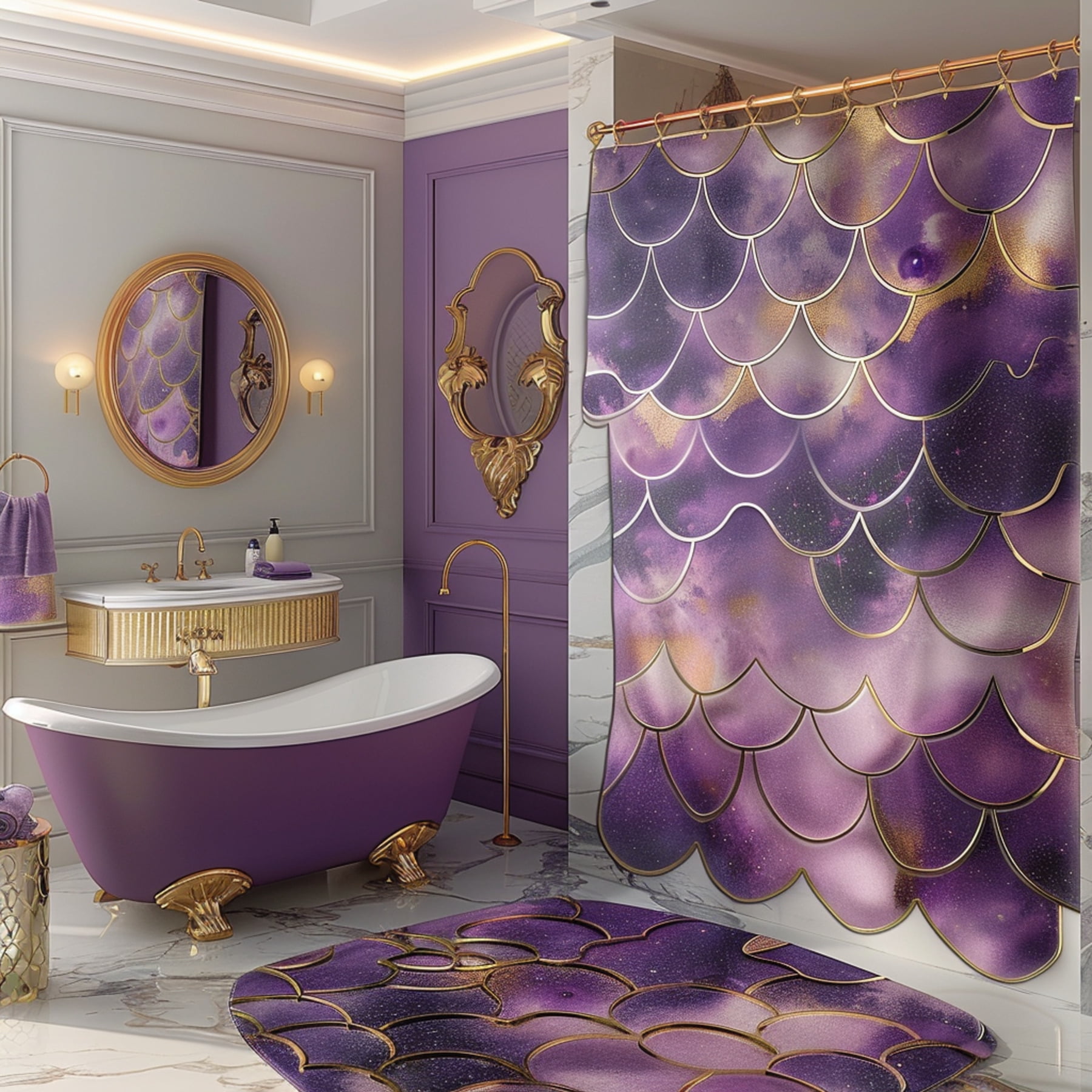 Mermaid Scale Purple and Gold Bathroom Decor Set ed Hyper Realistic
